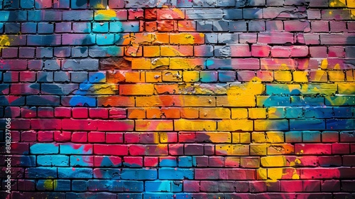 A colorful brick wall with paint on it. Generative AI.