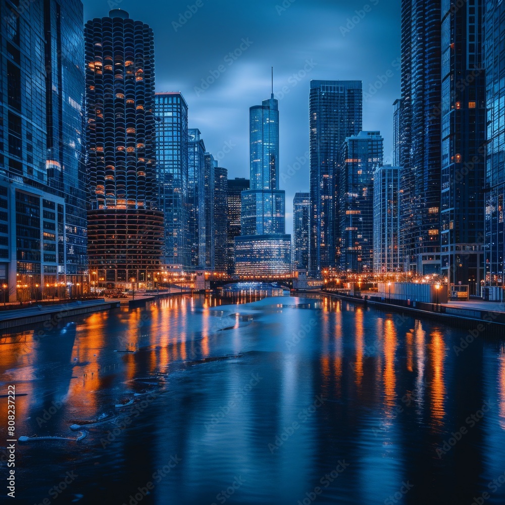 Cityscape of Chicago at night with river in the foreground and skyscrapers in the background. Cityscape of Chicago at night with river in the foreground and skyscrapers in the background.