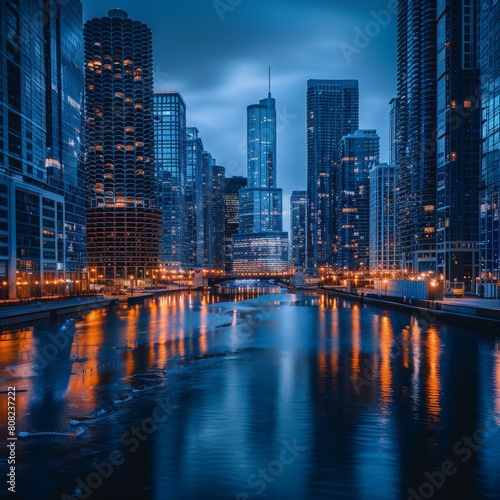 Cityscape of Chicago at night with river in the foreground and skyscrapers in the background. photo