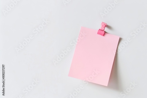 Pink sticky note on white wall. Generative AI.