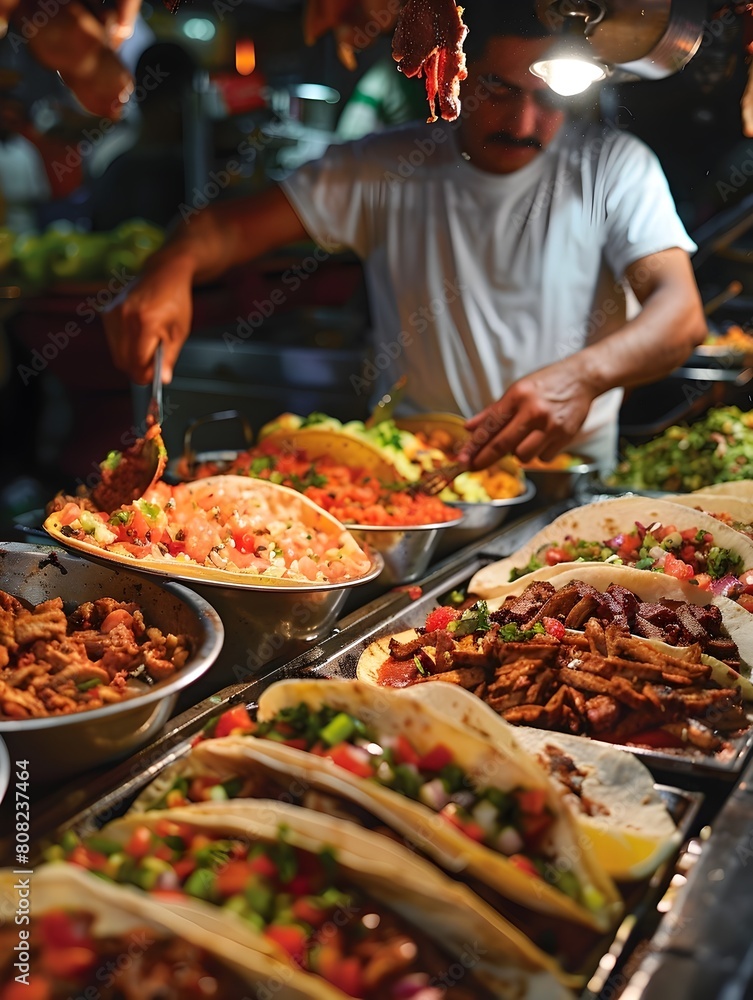 Gourmet Taco Stand Thriving at Vibrant Night Market with Skilled Vendor and Eager Customer