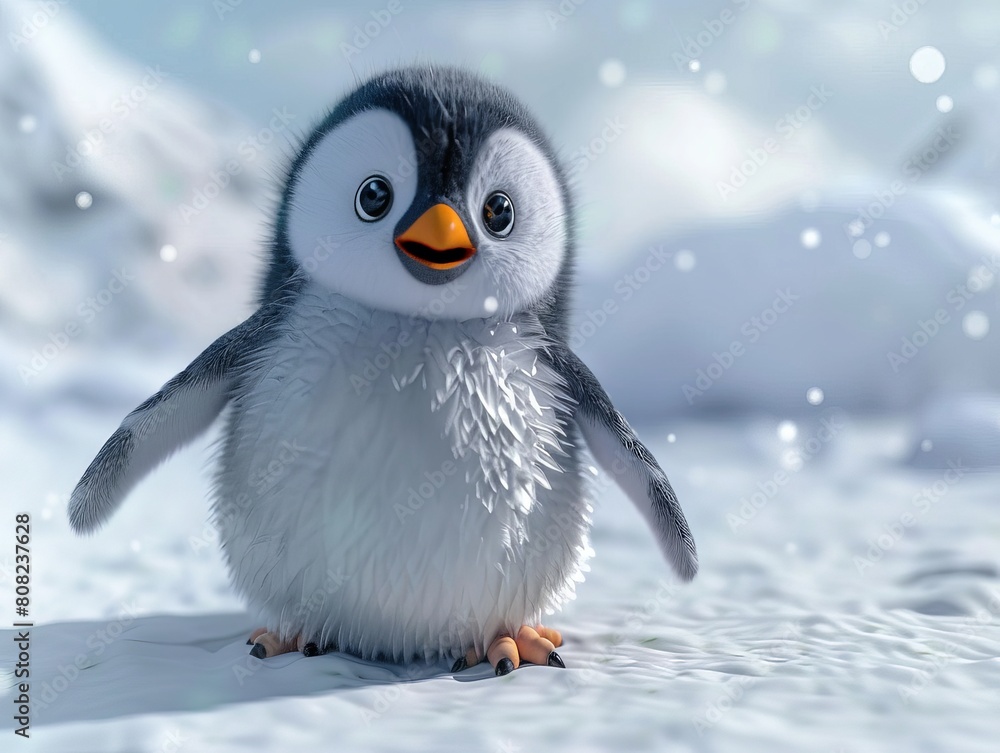 3D cute playful penguin character on a simple icy terrain background 3D cute playful penguin character on a simple icy terrain background
