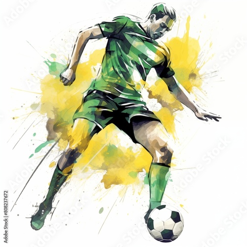 Watercolor sport illustration of football with colorful splashes. Football, soccer player