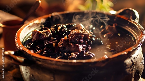 feijoada, steaming pot filled with a rich, savory stew made of black beans, pork, and spices