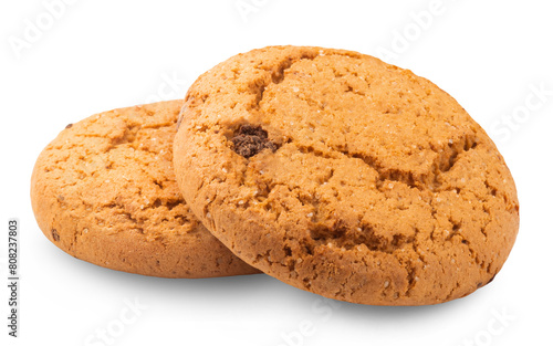 Two oatmeal cookies isolated on a transparent background.