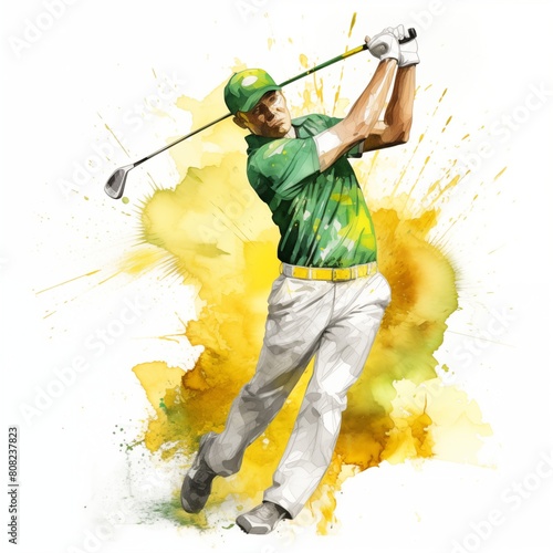 Watercolor sport illustration of golf with colorful splashes. Golf player