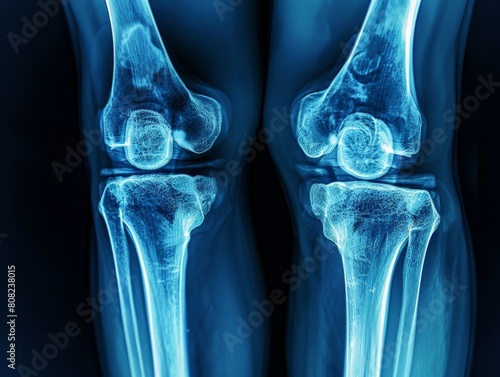 X-ray view of a knee joint, showing ligaments and bone alignment, medical analysis.