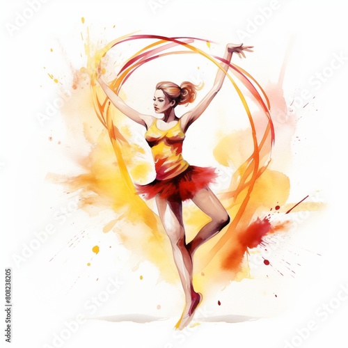 Watercolor sport illustration of rhythmic gymnastics with colorful splashes. Rhythmic gymnastics with ribbon