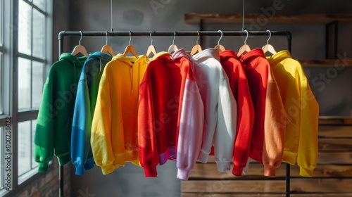 A variety of colorful hoodies are hanging on a rack in front of a window. The perfect addition to any wardrobe.