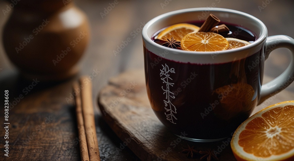 Cup of mulled wine with oranges, close-up Cup of mulled wine with oranges, close-up