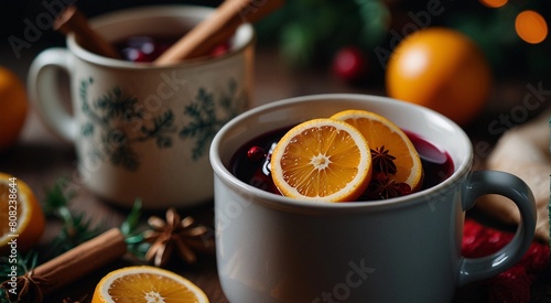Cup of mulled wine with oranges, close-up