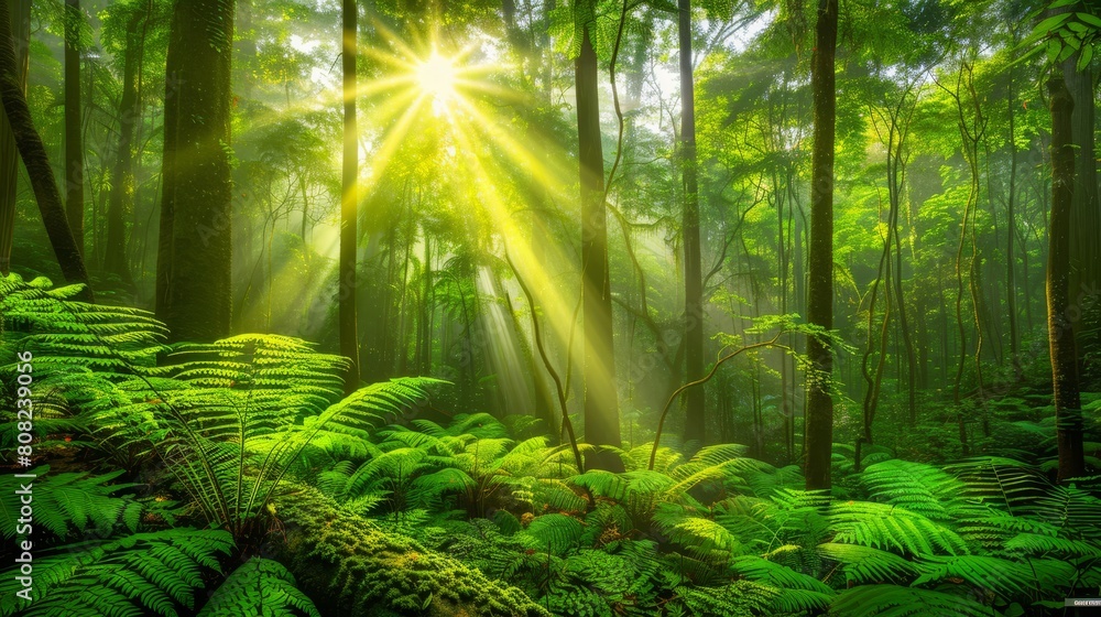  The sun illuminates the forest, casting light through trees adorned with lush green ferns and fern fronds Sunrays reach distant treetops