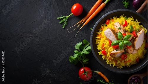 Rice with meat and vegetables on a black background