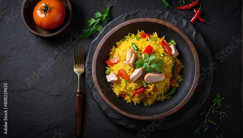 Rice with meat and vegetables on a black background