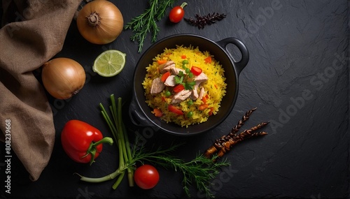 Rice with meat and vegetables on a black background © mischenko