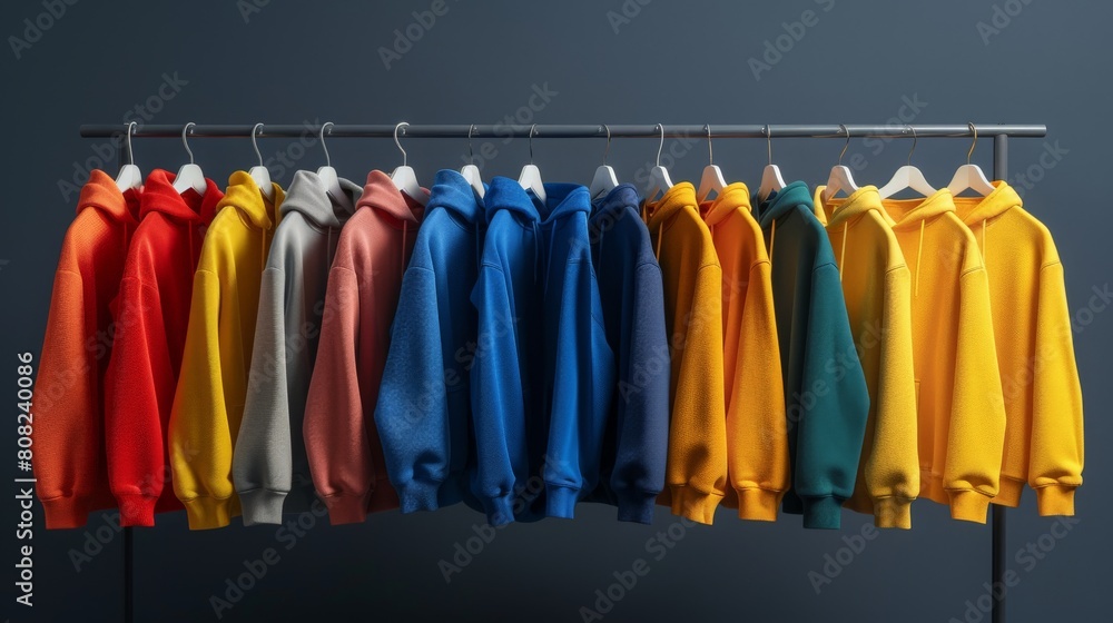 A variety of colorful hoodies are hanging on a rack. The background is dark blue. A variety of colorful hoodies are hanging on a rack. The background is dark blue.