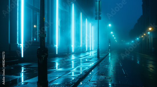 Muted slate blue neon lights on a wet street at night  empty urban scene  foggy.