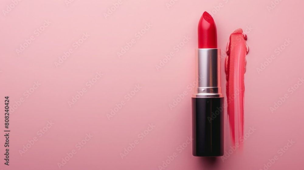 Red lipstick. Smudged lipstick. Pink background. Red lipstick. Smudged lipstick. Pink background.