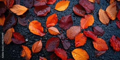 Nature's Carpet: Wet Fall Leaves in Aerial View © Andrii 