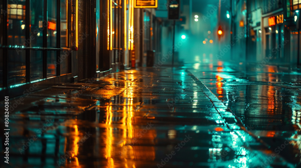 Neon bronze reflections on a dark, wet street, empty urban scene at night with fog.