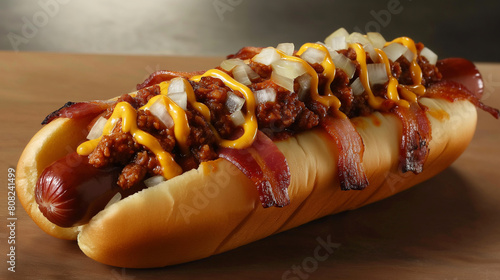 Hot dog with bacon, chili and onions © nebari