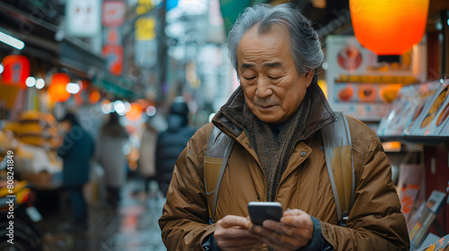 Elderly Man Checking Smartphone. Generative AI photo