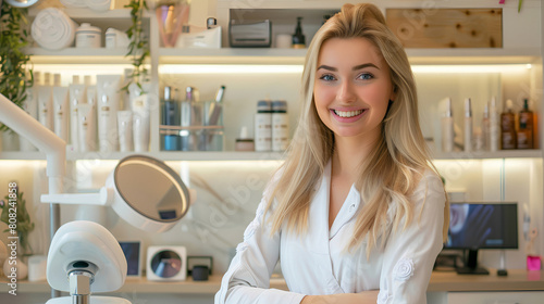 In a stylish beauty office, an elegant girl beautician shows you her office with care and passion.  blur effect in the background
