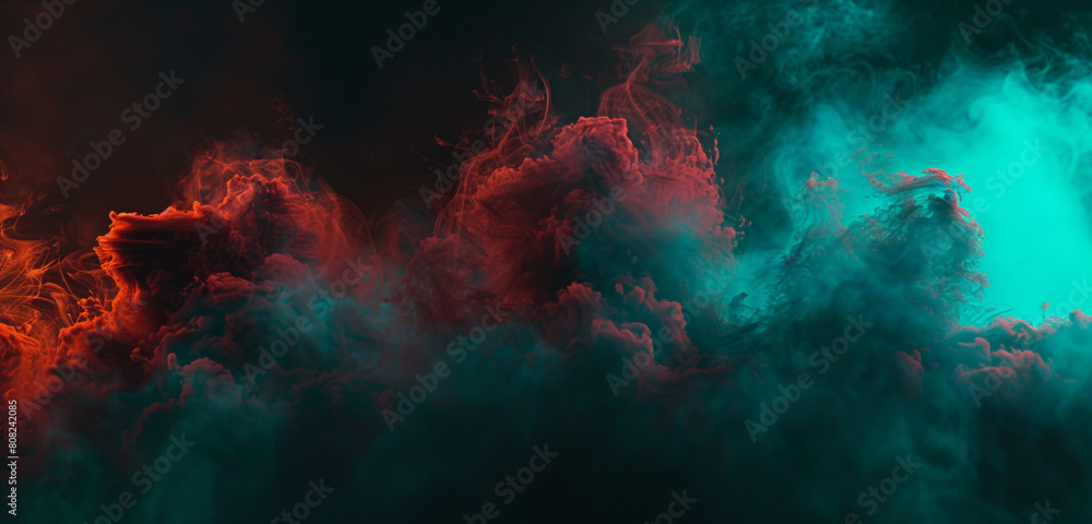 Rusty red smoke with neon teal for an earthy, dramatic event ambiance.