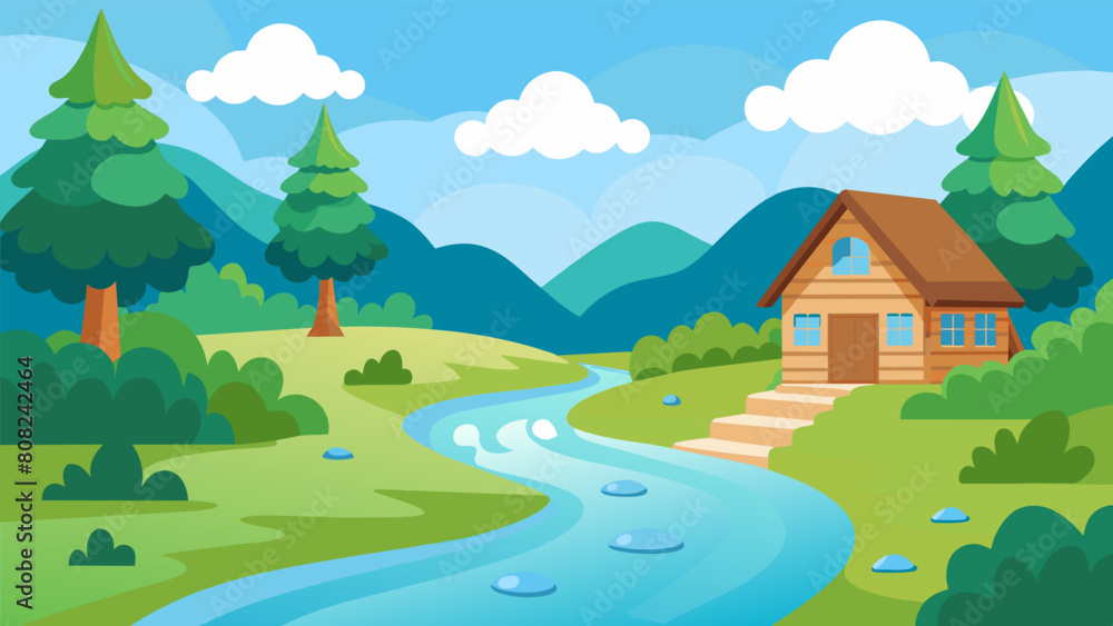 Fototapeta premium A gentle stream runs through the cottage grounds its crystal clear water providing a natural playground for children to splash and explore..