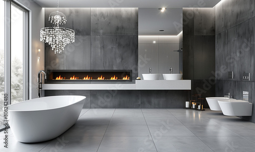 Modern bathroom interior with gray walls, white tiles and modern bathtub on the left side of the room, double sink under one large mirror above it, concrete fireplace in front of which there is an ele photo