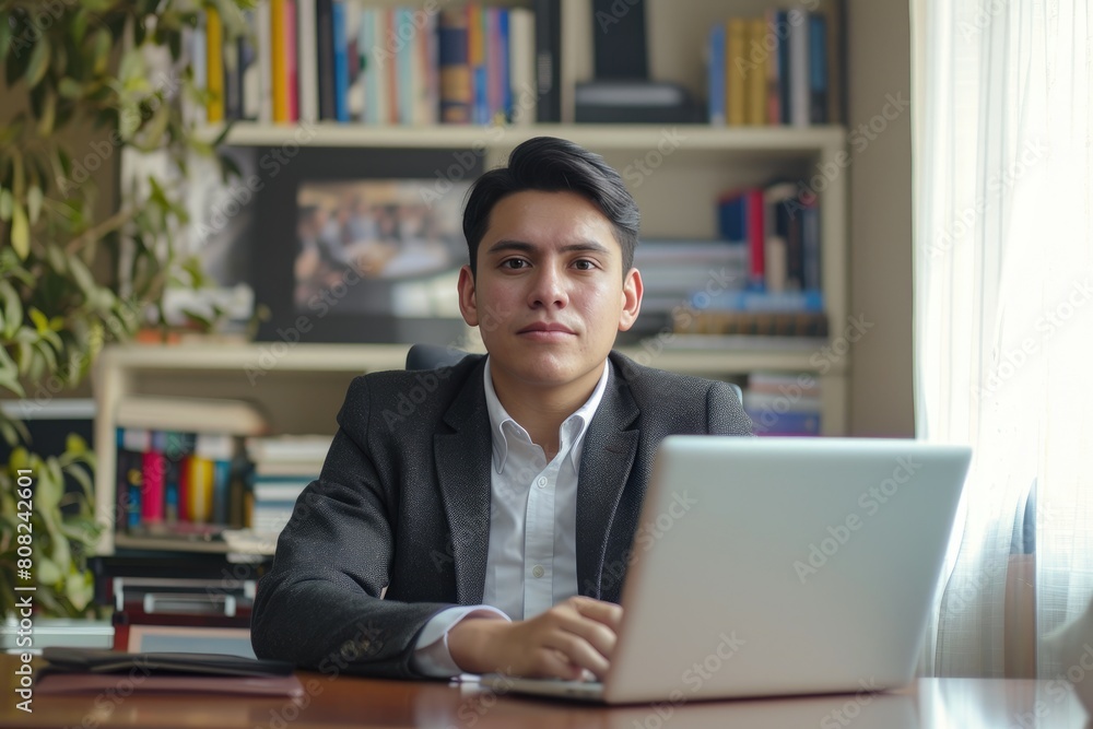 Young Ecuadorian Attorney Deep in Thought at Work Young Ecuadorian Attorney Deep in Thought at Work