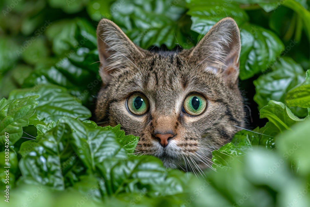 Cat Peeking Out From Behind Green Leaves