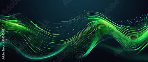 Abstract green wavy lines with dots-particles