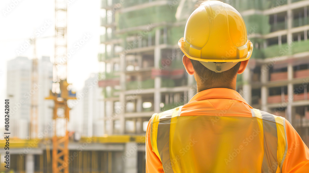 Engineer in Hard Hat Observing Construction Site. Generative AI Engineer in Hard Hat Observing Construction Site. Generative AI