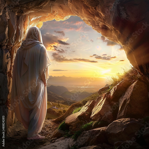 Jesus Christ comes out of the cave. Photo can be used for Christian Gospel illustration
