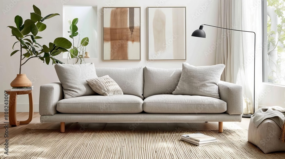 Fototapeta premium Comfy and stylish, this couch is perfect for relaxing or entertaining guests scandinavian style