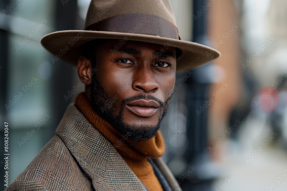 A stylish man in a hat and coat standing confidently in an urban environment with defocused background A stylish man in a hat and coat standing confidently in an urban environment with defocused background