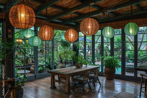 A unique indoor garden space with a wooden table and chairs illuminated by colorful spherical lamps hanging from the ceiling