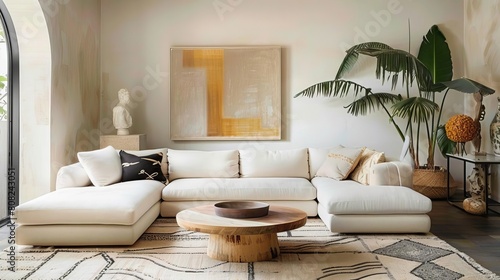 Comfy sectional sofa in a bright living room scandinavian style with a coffee table and rug.