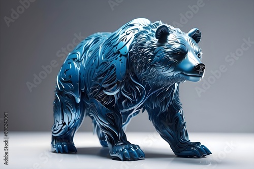 3D bear made of blue metal  white background and smooth all around