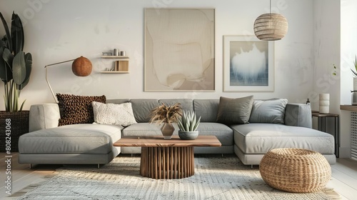 Comfy sectional sofa in a bright living room scandinavian style with a coffee table, rug, and stylish decorations. photo