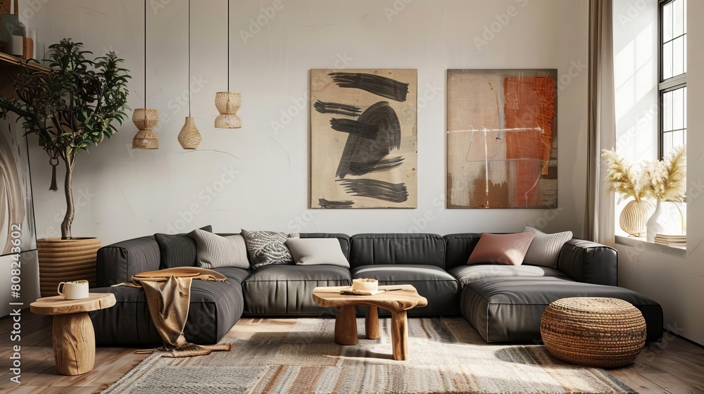 A mid-century modern living room with a large gray couch, two coffee tables, a rug scandinavian style A mid-century modern living room with a large gray couch, two coffee tables, a rug scandinavian style