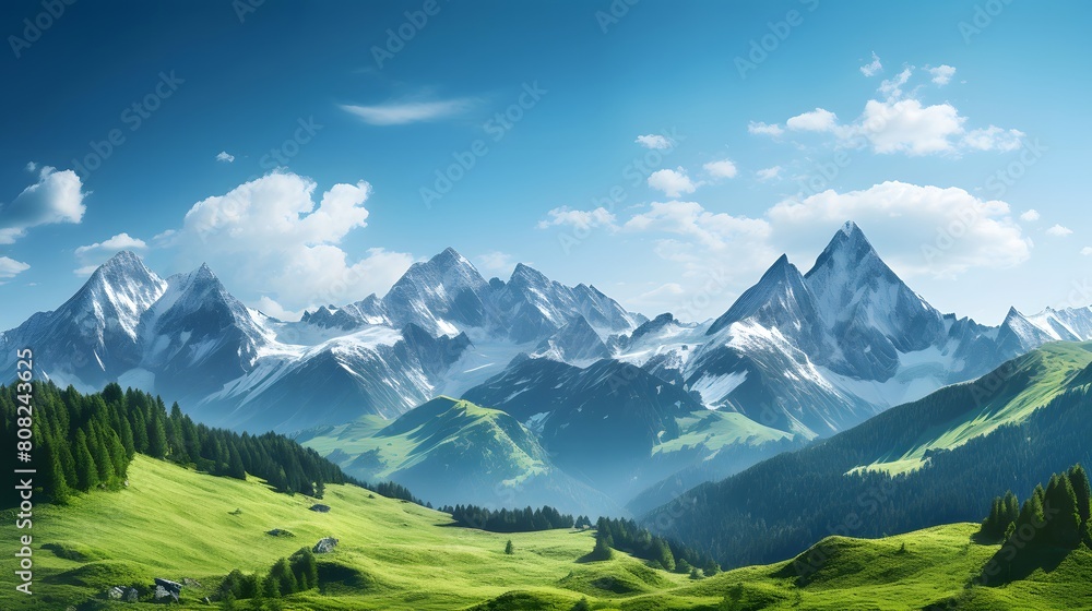 Panoramic view of the mountains. Panoramic mountain landscape.