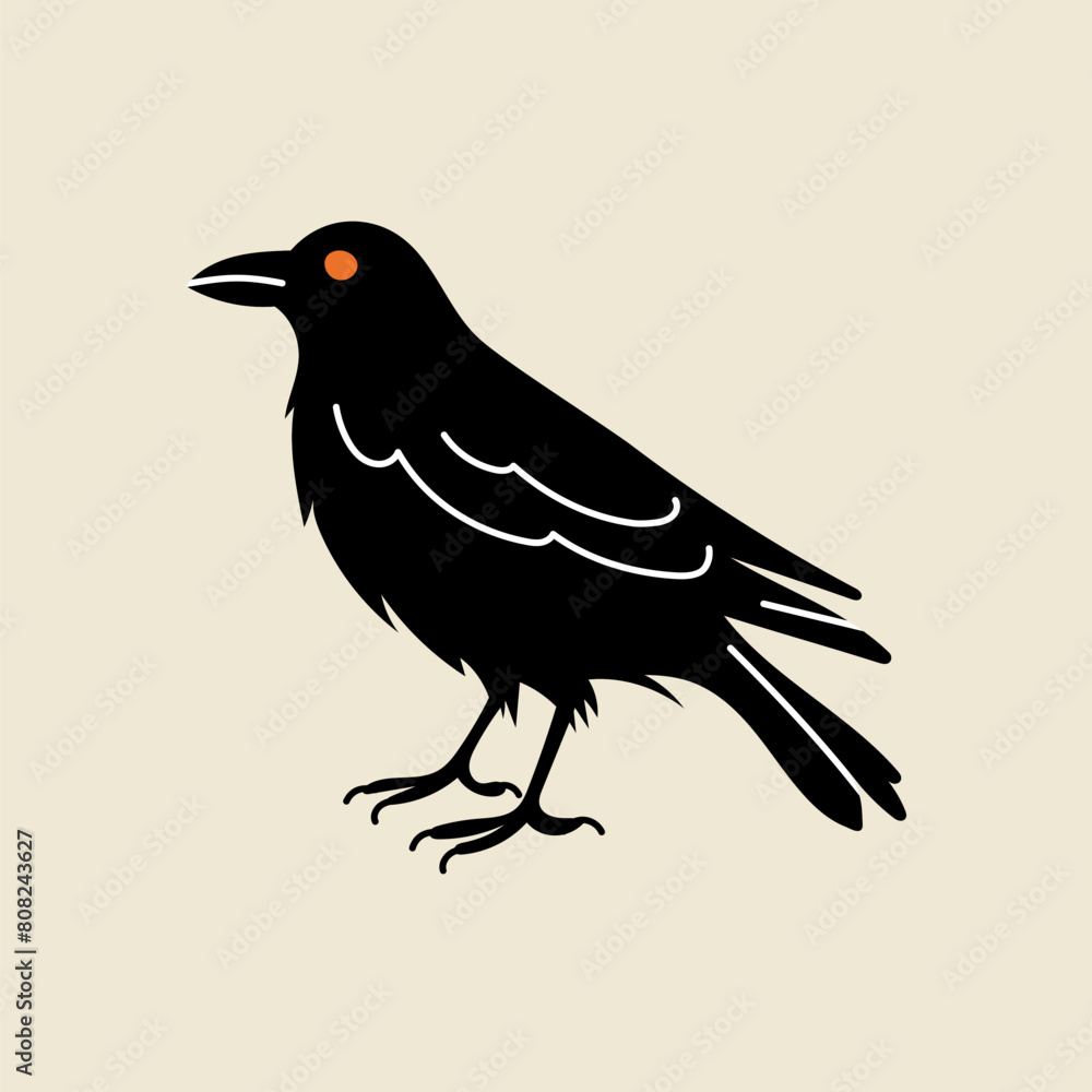 Fototapeta premium Black crow character, Halloween element in modern flat, line style. Hand drawn illustration