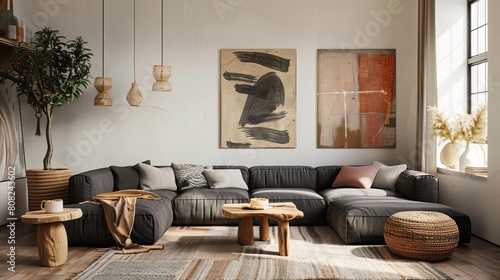 A mid-century modern living room with a large gray couch, two coffee tables, a rug scandinavian style photo