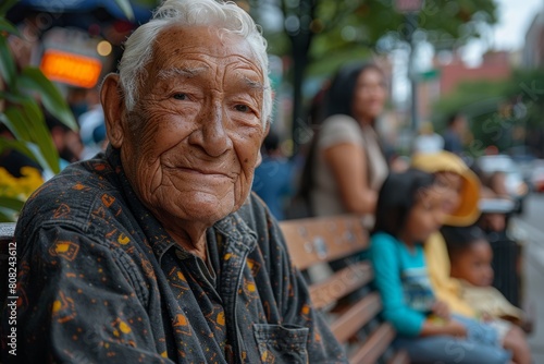 An elder person in patterned clothing rests on a public bench