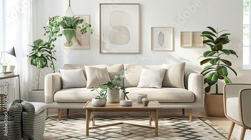 A living room scandinavian style with a sofa, coffee table, rug, and plants