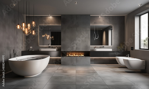 
Modern bathroom interior with gray walls, white tiles and bathtub near sink on wall with fireplace, modern chandelier above mirror
