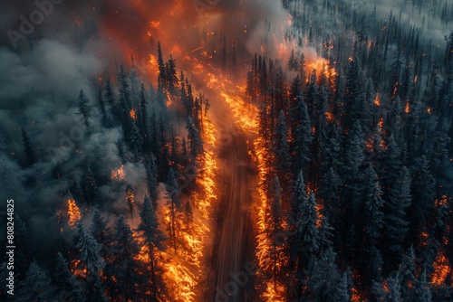 Intense flames ravaging through a dense pine forest in the darkness, a spectacle of nature’s uncontrollable fury