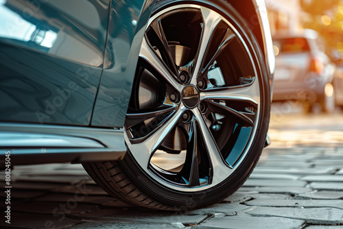 Car wheel with new tire closeup